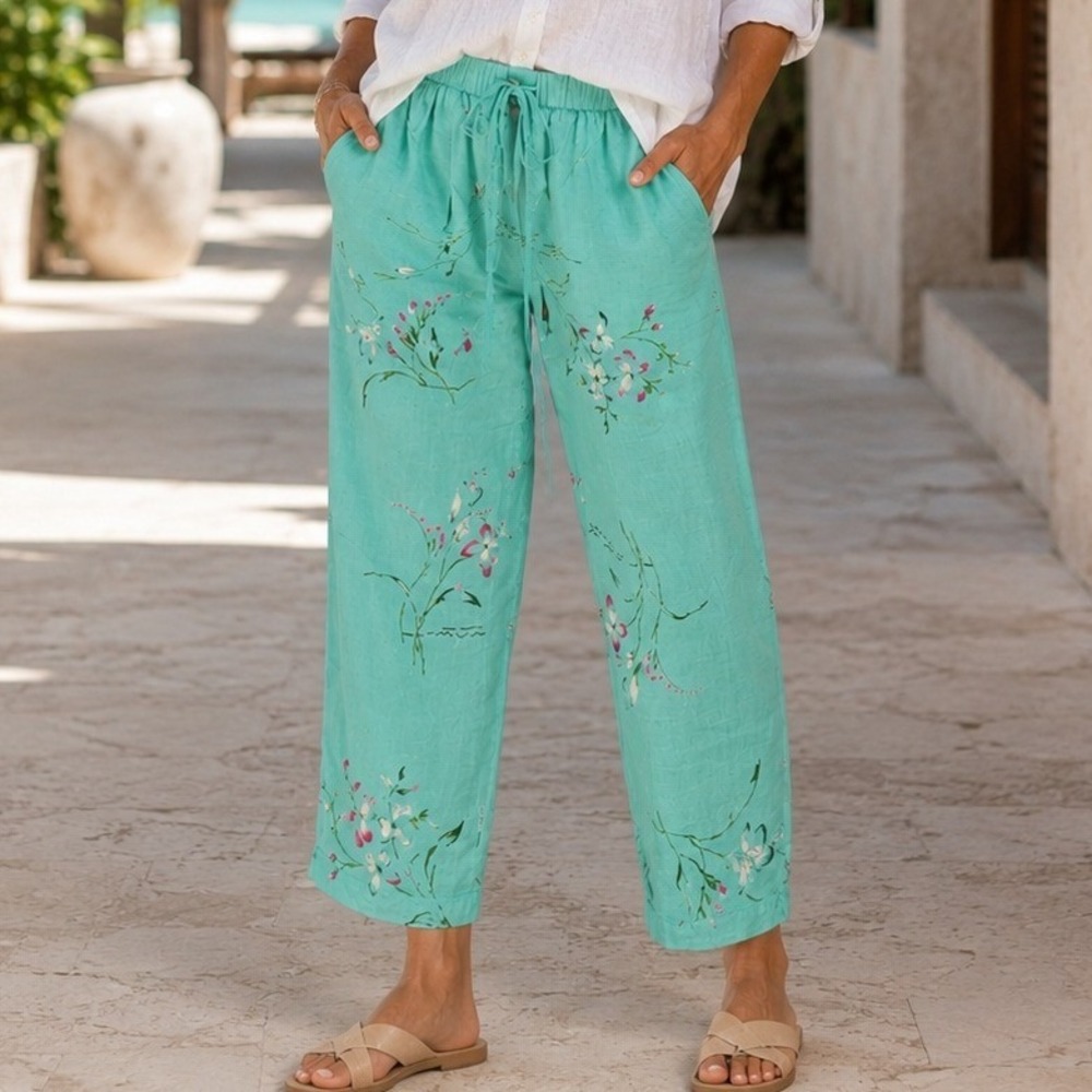NWOT‎ Erin London Silk Linen Floral Pants Small Turquoise Blue Cropped Wide Leg